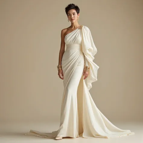 Full-body portrait of a graceful woman standing confidently in a studio with a soft neutral backdrop. She has a sophisticated aura, wearing a sleek, ivory one-shoulder evening gown with sculptural tailoring and modern draping. The dress features a single l...
