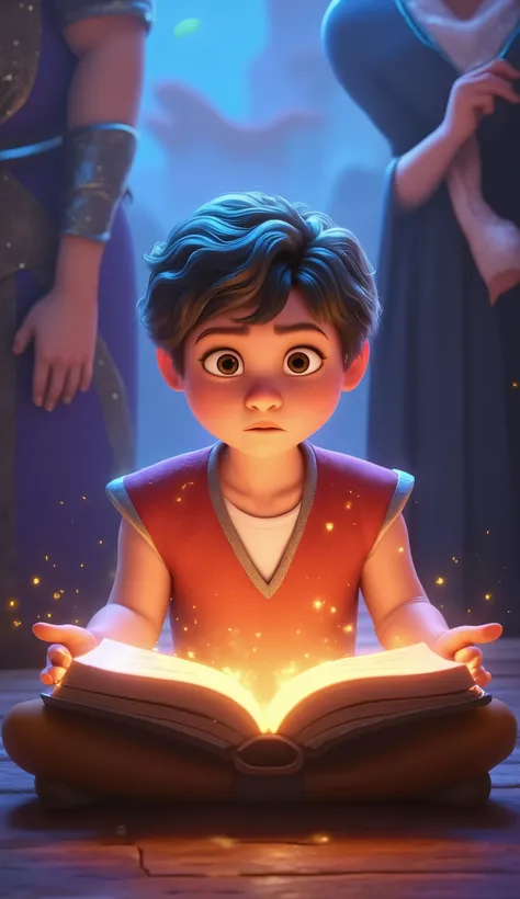 Vertical A4 Poster, fabulous atmosphere. In the foreground, a very surprised small boy with dark hair sits on the floor and holds a glowing book of fairy tales in his hands, from which magic sparks and radiance emanate. There are fairy-tale characters in t...