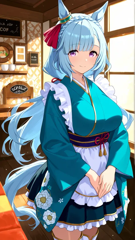 master piece, professional quality, high resolution, 8k, ultra detailed, Ruffled white Apron, Light blue kimono, Kimono maid, Flower patterned kimono, Cross-laced white boots, mejiro ardan /(umamusume/),1 girl, solo, so beautiful , Cute girl, Very pretty,...
