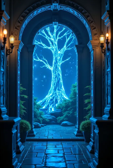 A beautiful portal with wood timber patterns, A beautiful world is visible in the, portal clearly and beautifully drawn, best quality, high detail, great Fantasy style, 