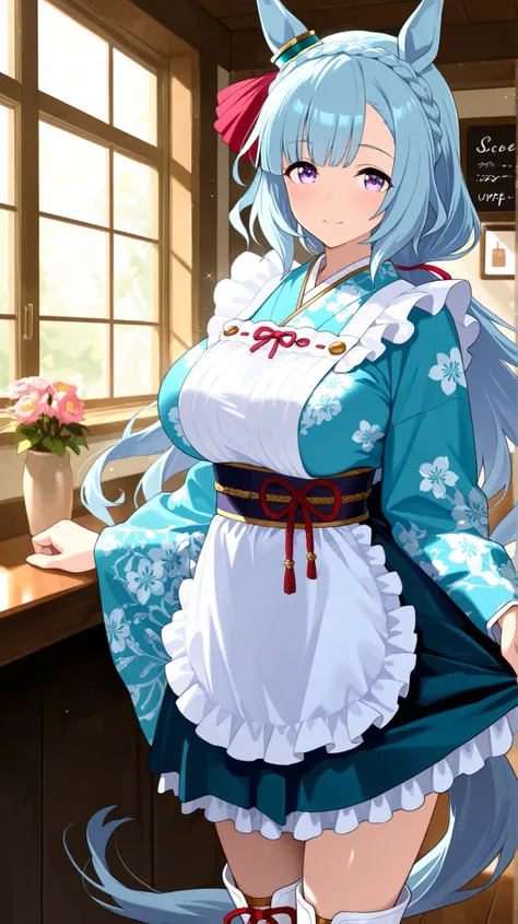 master piece, professional quality, high resolution, 8k, ultra detailed, Ruffled Apron, Light blue kimono, Kimono maid, Flower patterned kimono, Cross-laced white boots, mejiro ardan /(umamusume/),1 girl, solo, so beautiful , Cute girl, Very pretty, Beaut...