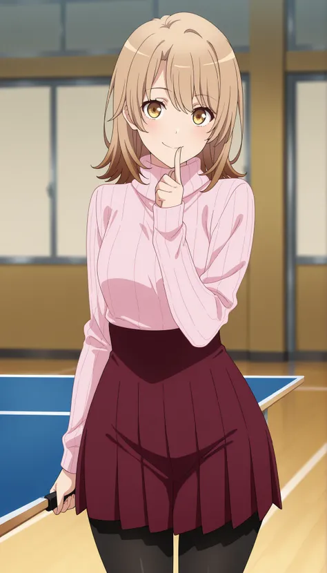 anime screencap, masterpiece, best quality,

1girl, solo, closed mouth, smile, blush, t, open eyes , shinny eyes 
medium hair, multicolored hair, light brown hair, brown hair, yellow eyes, hair between eyes, wide hips , closed legs , full body 
turtleneck ...