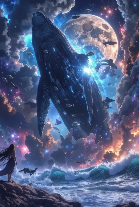 a gigant whale and some marine animals flying in the night sky,a girl looking up at the sky,photorealistic, 8K, hyper-detailed, cinematic lighting, dramatic atmospheric lighting, night sky, starry night, full moon, glowing moon, vast ocean, serene ocean, w...