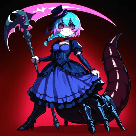Serket. Scorpion type Arachne Girl. Lavender colored hair. Single braid. Gothic dress. Purple and blue dress. Ruffles. Lace veil. Small gothic hat. Yandere eyes. Scythe. Holding a weapon. Perky breasts. Scorpion legs. Scorpion claws. Scorpion tail. Black c...
