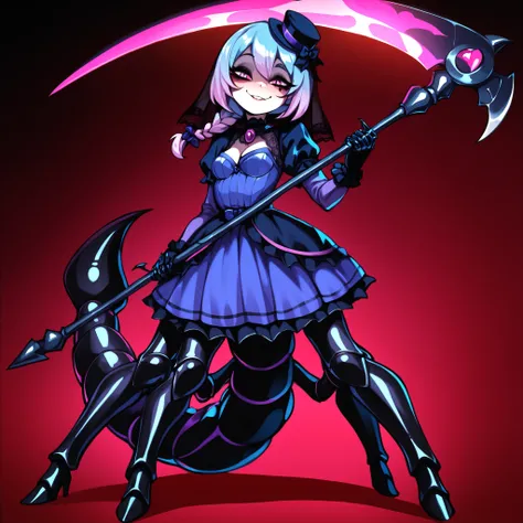 Serket. Scorpion type Arachne Girl. Lavender colored hair. Single braid. Gothic dress. Purple and blue dress. Ruffles. Lace veil. Small gothic hat. Yandere eyes. Scythe. Holding a weapon. Perky breasts. Scorpion legs. Scorpion claws. Scorpion tail. Black c...