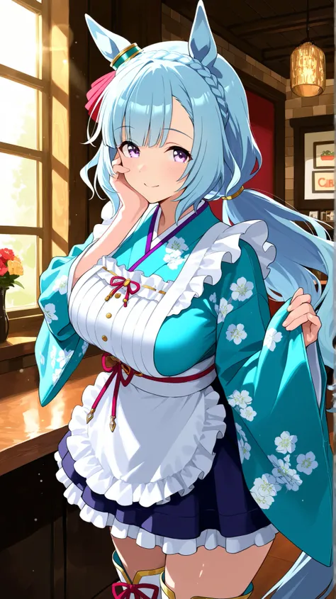 master piece, professional quality, high resolution, 8k, ultra detailed, Ruffled Apron, Light blue kimono, Kimono maid, Flower patterned kimono, Cross-laced white boots, mejiro ardan /(umamusume/),1 girl, solo, so beautiful , Cute girl, Very pretty, Beaut...
