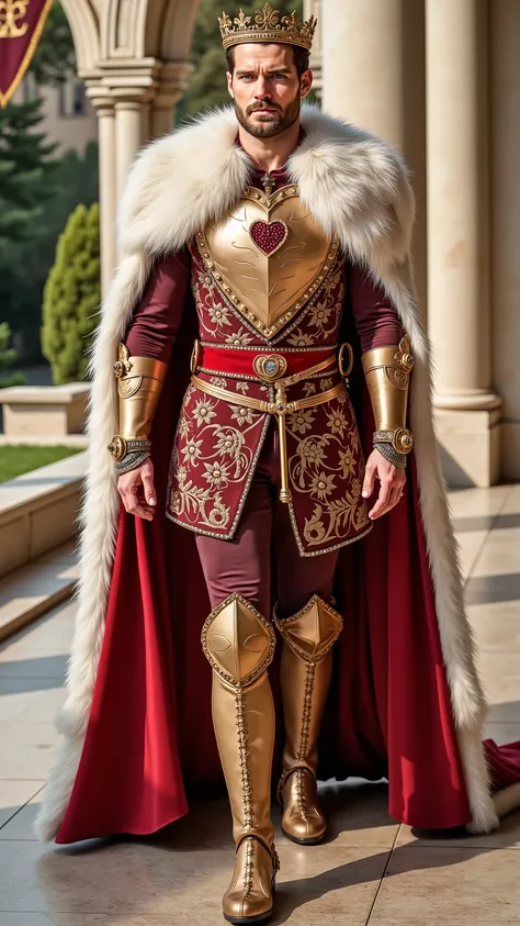Henry Cavill reimagined as King of Hearts walking and holding a golden scepter, dramatic atmosphere, 1 male, full figure, full body,
Short, slightly wavy chestnut-brown hair neatly combed back. A trimmed beard. His blue eyes are sharp and noble. A royal ...