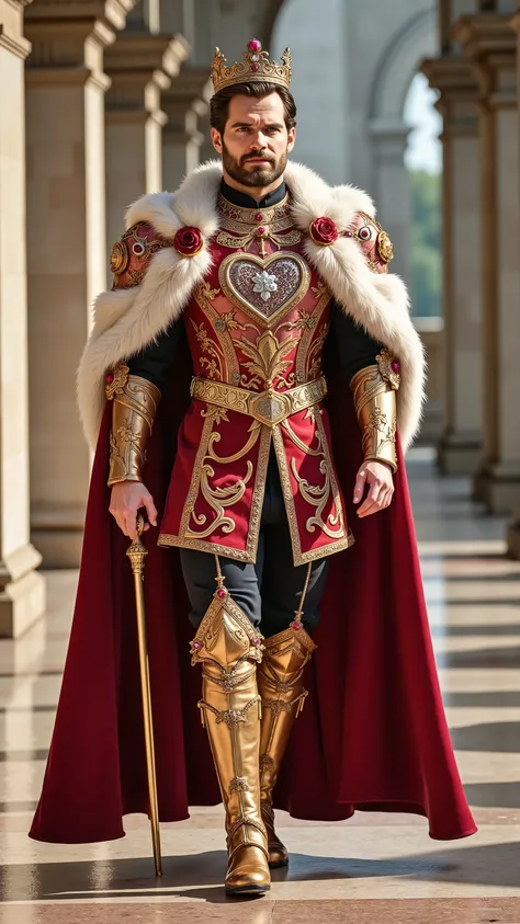 Henry Cavill reimagined as King of Hearts walking and holding a golden scepter, dramatic atmosphere, 1 male, full figure, full body,
Short, slightly wavy chestnut-brown hair neatly combed back. A trimmed beard. His blue eyes are sharp and noble. A royal ...