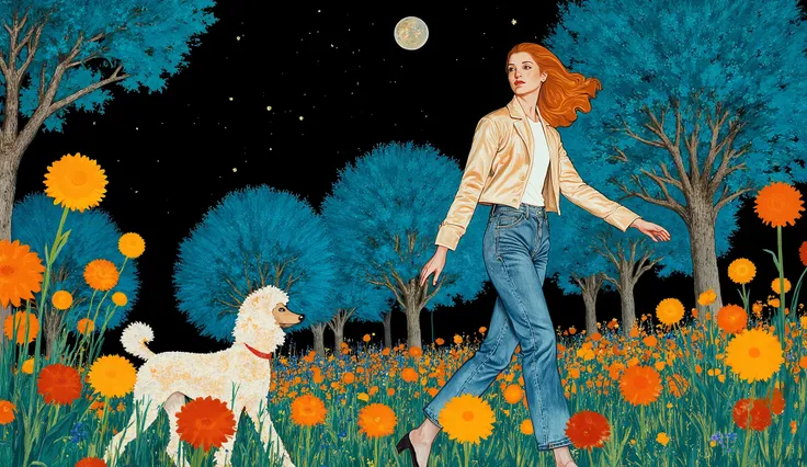 surreal fantasy, acrylic, Linda garota com cabelo longo e ondulado, jeans, t-shirt and a lightjacket, street wear cloths, walking in the park with a poodle dog, palette of color Lapis Lazuli, Oxford Blue, Turquoise, Raw Sienna, Brown (Crayola), ethereal...