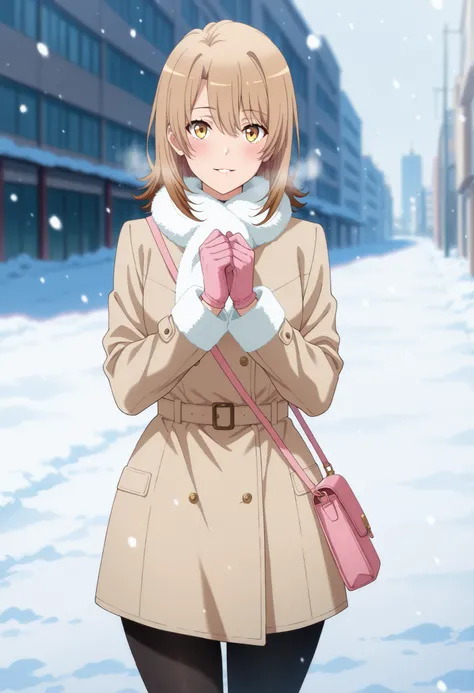 anime screencap, masterpiece, best quality,

1girl, solo, parted lips, light smile, blush, breath,
medium hair, multicolored hair, light brown hair, brown hair, yellow eyes, hair between eyes,
white scarf, fur collar, brown coat, handbag, pink gloves, blac...