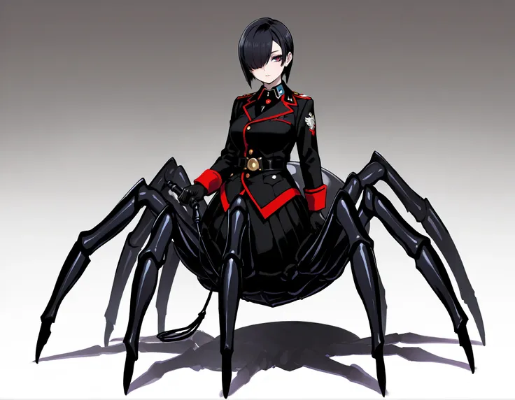 Arachne Girl. Military uniform. Black hair. Straight hair. Short hair. One eye covered. Sexy gaze. Black costume. Gloves. Spider legs. Phosphorescent spider. Whip. Pert breasts. Multiple legs.