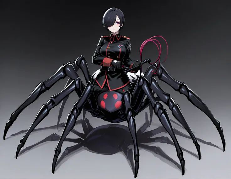 Arachne Girl. Military uniform. Black hair. Straight hair. Short hair. One eye covered. Sexy gaze. Black costume. Gloves. Spider legs. Phosphorescent spider. Whip. Pert breasts. Multiple legs.