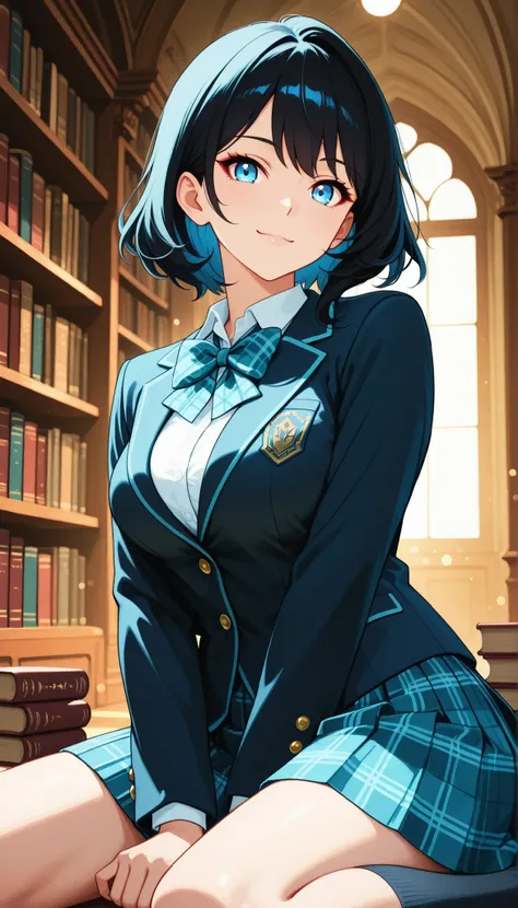 Beautiful Girl, high school girl, princess cut, cute, natural look, Close up shot , Portraits, (girls' high school uniform, blazer, shirt, plaid bowtie , plaid pleated skirt for stepping on thick books, wariza), Library, Background bookshelf, particle o...
