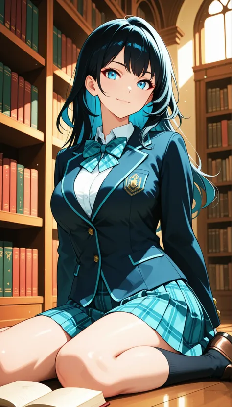 Beautiful Girl, high school girl, princess cut, cute, natural look, Close up shot , Portraits, (girls' high school uniform, blazer, shirt, plaid bowtie , plaid pleated skirt for stepping on thick books, wariza), Library, Background bookshelf, particle o...