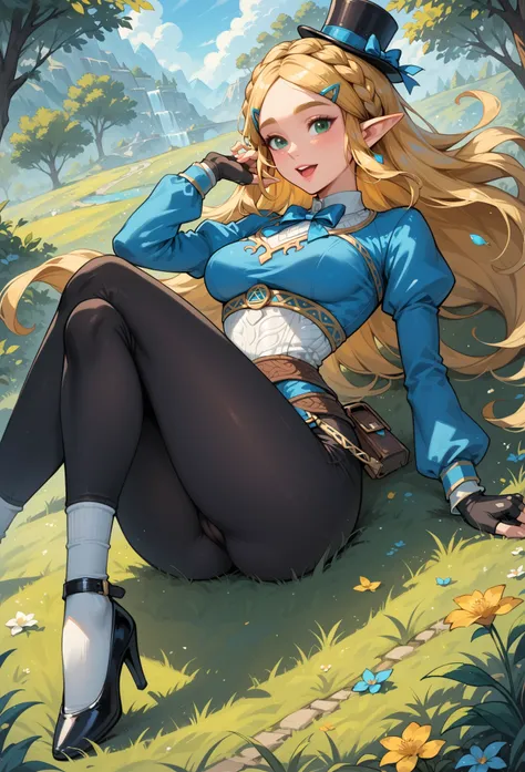 (extremely fine and beautiful:1.1), (perfect details:1.1), (finely detailed eyes and detailed face:1.3), ZeldaSDXL, Princess Zelda, narrow hips, medium breasts, slender thighs, small ears, pointy ears, braid, hair ornament, hairclip, gloves, black gloves, ...