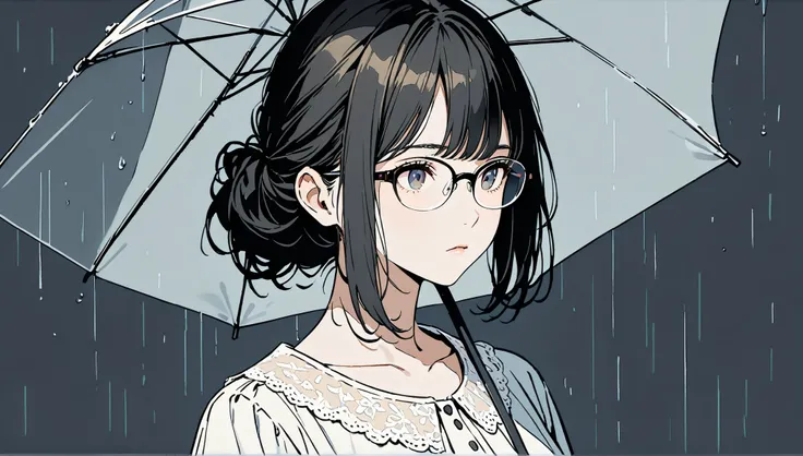 ((pale night background))、((alone)),(()),、((rain)),((clear vinyl umbrella),((horizontal illustration)),expressionless,((black hair semi-long hairstyle)),(((black rimmed glasses))),masterpiece, Highest quality, Beautiful attention to detail, Very detailed, ...