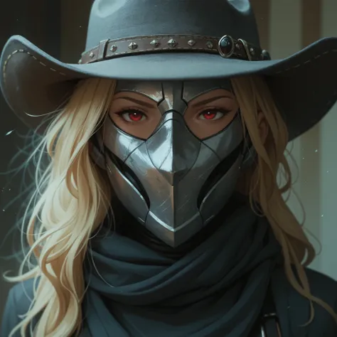  Draw me a mysterious character , Who is wearing a black mask  that covers her entire face, metallic full face mask. and a cowboy hat on top, blonde hair, red eyes, red eyes