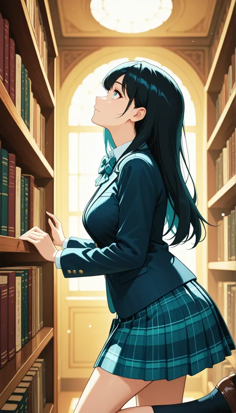Beautiful Girl, high school girl, princess cut, cute, natural look, Close up shot , Portraits, (girls' high school uniform, blazer, shirt, plaid bowtie , plaid pleated skirt for stepping on thick books, look up at the bookshelves, profile), Library, Back...