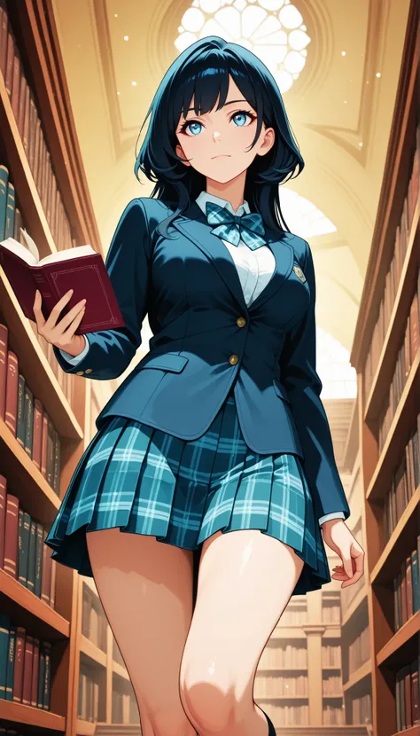 Beautiful Girl, high school girl, princess cut, cute, natural look, face close-up, Portraits, (girls' high school uniform, blazer, shirt, plaid bowtie , plaid pleated skirt for stepping on thick books, Holding a book, upward gaze), Library, Background bo...