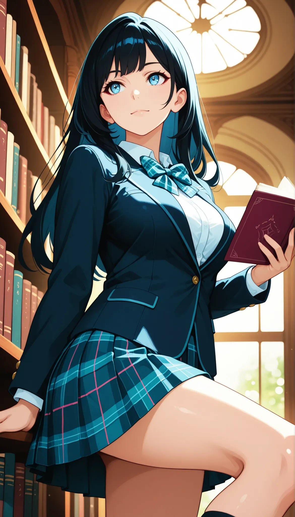 Beautiful Girl, high school girl, princess cut, cute, natural look, face close-up, Portraits, (girls' high school uniform, blazer, shirt, plaid bowtie , plaid pleated skirt for stepping on thick books, Holding a book, upward gaze), Library, Background bo...