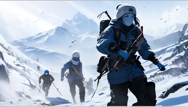 1girl、(((Highest quality、Masterpiece、Official Art、The best dynamic composition、Super detailed)))、Anime Style、skiers in a blue jacket and black pants are walking through the snow, battlefield 5, steep, battlefield backround, frostbite 3 rendered, winter con...