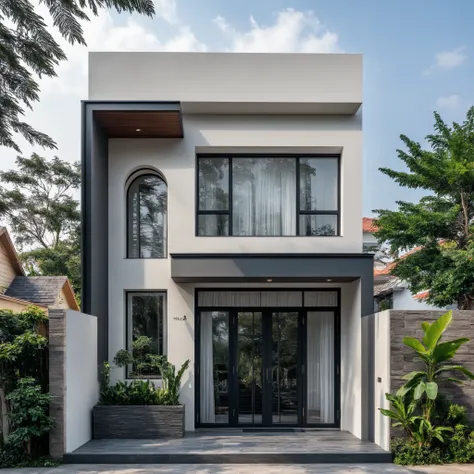 (masterpiece:1.2), best quality, photo of A two-story modern house with white walls and dark tiles on the roof, tree and plant, streetcapes, natural light, The exterior of an elegant single family home features large windows, a dark gray door frame.