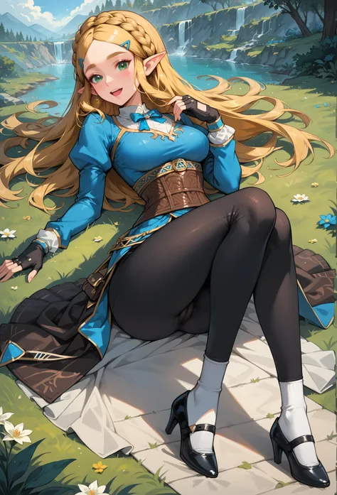 (extremely fine and beautiful:1.1), (perfect details:1.1), (finely detailed eyes and detailed face:1.3), ZeldaSDXL, Princess Zelda, narrow hips, medium breasts, slender thighs, small ears, pointy ears, braid, hair ornament, hairclip, gloves, black gloves, ...