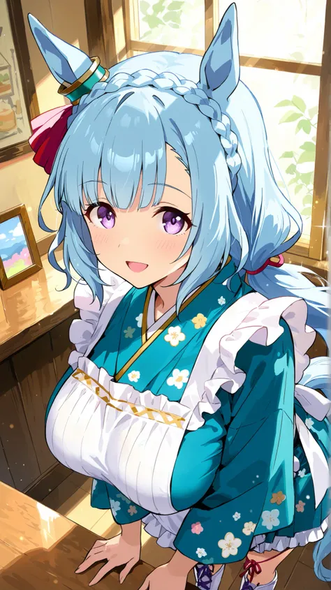 master piece, professional quality, high resolution, 8k, ultra detailed, Ruffled Apron, Light blue kimono, Kimono maid, Flower patterned kimono, Cross-laced white boots, mejiro ardan /(umamusume/),1 girl, solo, so beautiful , Cute girl, Very pretty, Beaut...