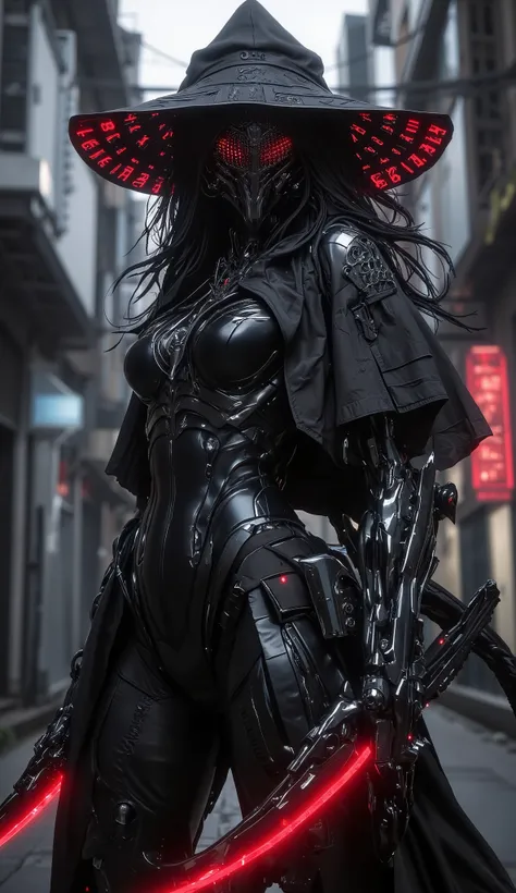 A web-enhanced assassin,fiber lines with flowing obsidian hair,The top is tied with thin、glowing red light。She wears a slick high-tech bodysuit Dress,perfect with a lightweight old cloak with active camouflage Fusion。A wide reinforced hat engraved with num...
