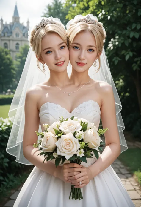 young woman with two heads, bride, blonde hair, blue eyes, grinning, wedding dress holding a bouquet, outdoor wedding venue