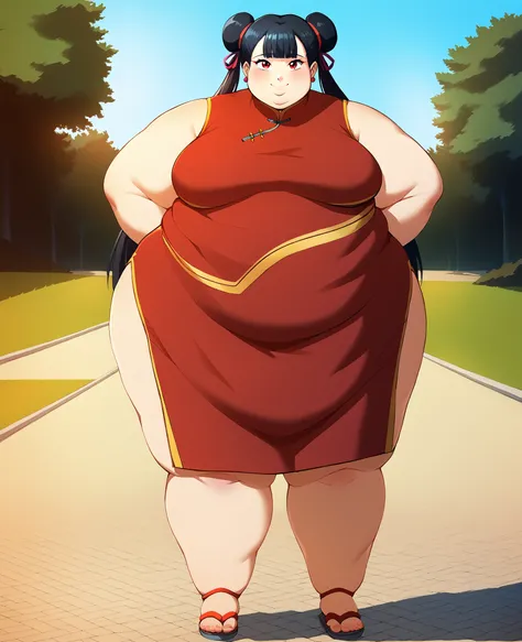 score_9, score_8_up, score_7_up, score_6_up, score_5_up, score_4_up, BREAK, source_anime,
1girl, black hair, blunt bangs, double bun, long hair, red eyes, twin tails, breasts
cheongsam, sandals, SSBBW, fat, 500 lbs.,
hands behind back, smile, full body, lo...