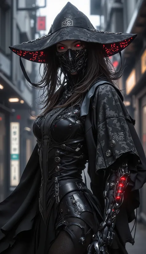 A web-enhanced assassin,fiber lines with flowing obsidian hair,The top is tied with thin、glowing red light。She wears a slick high-tech bodysuit Dress,perfect with a lightweight old cloak with active camouflage Fusion。A wide reinforced hat engraved with num...