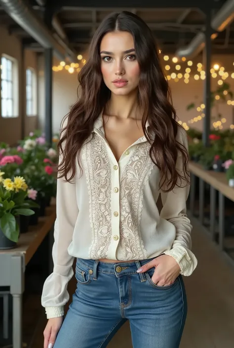 Foto hiperrealista en primer plano de arafed woman, masterpiece, best quality, (photorealistic:1.4), (luxury long button up lace shirt :1.15), (blue jeans:1.2), cinematic light, wavy hair, in a old abandoned factory, amber twinkle lights in background, rom...
