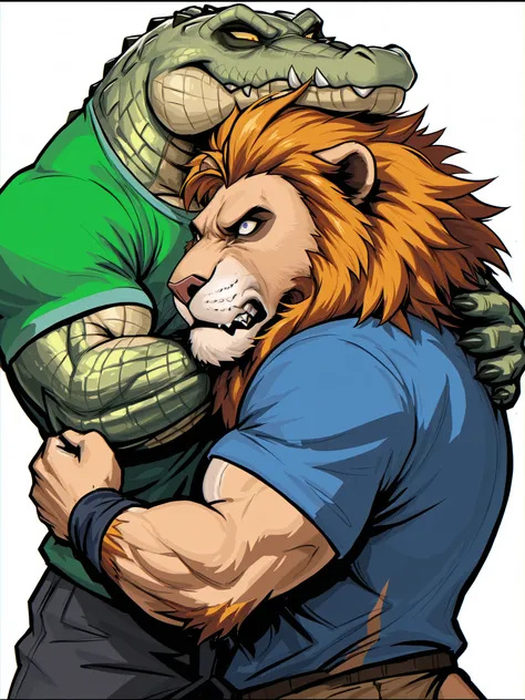 Sharp cartoon style digital anime illustration: bottom view of a muscular anthropomorphic crocodile wearing a plain green shirt strangling a muscular anthropomorphic male lion wearing a plain blue shirt until he falls down. The crocodile's expression is fu...