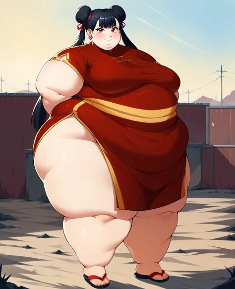 score_9, score_8_up, score_7_up, score_6_up, score_5_up, score_4_up, BREAK, source_anime,
1girl, black hair, blunt bangs, double bun, long hair, red eyes, twin tails, breasts
cheongsam, sandals, SSBBW, fat, 500 lbs.,
hands behind back, smile, full body, lo...