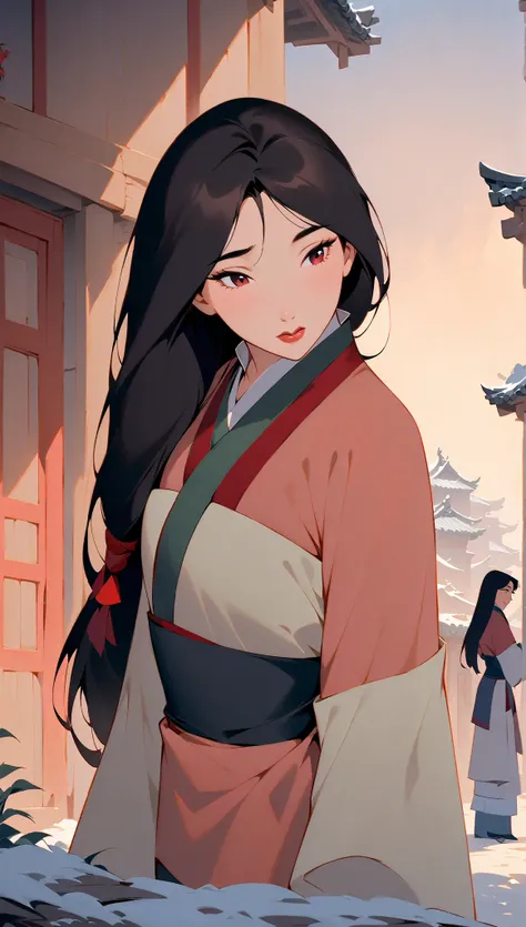 Hua Mulan,Show female bravery,shy,like a porcelain doll, fine features, delicate,Black and red color scheme,poster,iconic disney characters。shonen style, anime style, straight hair, big hair, ((long hair)) ,chinese young woman warrior, black hair, traditio...