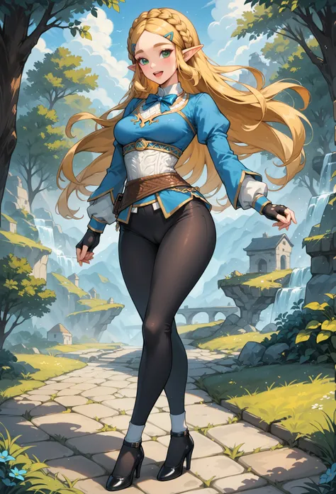 (extremely fine and beautiful:1.1), (perfect details:1.1), (finely detailed eyes and detailed face:1.3), ZeldaSDXL, Princess Zelda, narrow hips, medium breasts, slender thighs, small ears, pointy ears, braid, hair ornament, hairclip, gloves, black gloves, ...