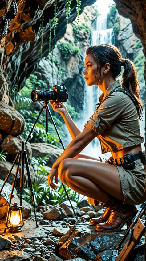A warrior woman crouching with her hair flowing slightly while mist rises around her in a rocky cave, medium camera slowly panning from the side, cinematic style with dramatic lighting.