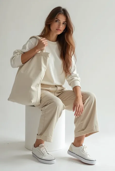 A beautiful Italian woman, Sitting on a white block, usando moda street fashion e (Vans® sneakers), holding one holding a white cloth bag, holding a raw cloth bag, square bag,  Sustainable Materials , flat bag, holding an ecological bag, realistic photo, a...