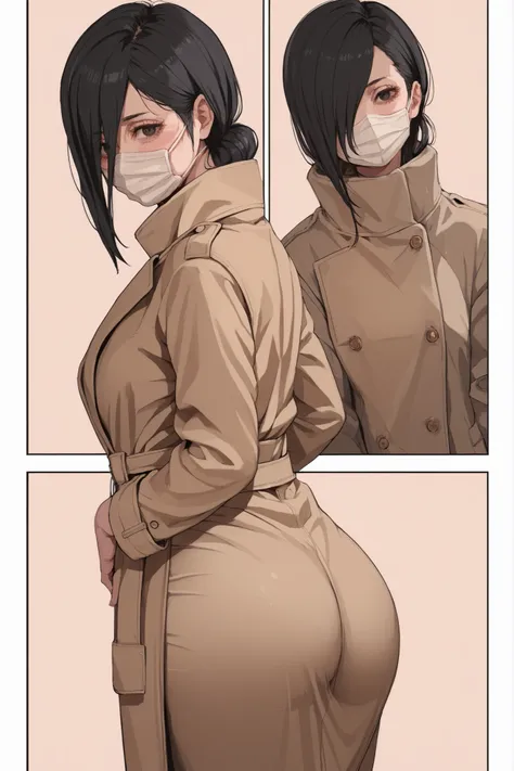 1 plump girl, Kuchisake-onna, long black hair, hair over eyes, black eyes, blush lines, mouth mask, voluptuous, beige trenchcoat, simple background, hentai comic, frames, multiple views, multiple frames, ass