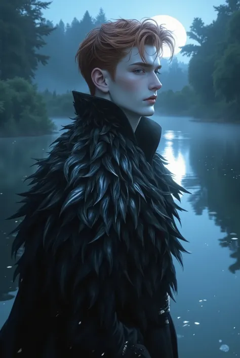 The Black Swan Prince, 20 years old, standing gracefully by a moonlit lake, surrounded by soft mist and glowing reflections, noble and elegant, mysterious and innocent, flawless pale skin, deep violet eyes that shimmer in the moonlight, tousled ginger red ...