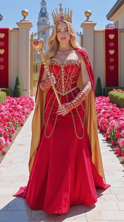 Margot Robbie reimagined as Queen of Hearts walking and holding a golden scepter, dramatic atmosphere, 1 female, full figure, full body, Long, 

Long, wavy golden-blonde hair cascades down her back, partially styled into an elegant braided crown woven with...