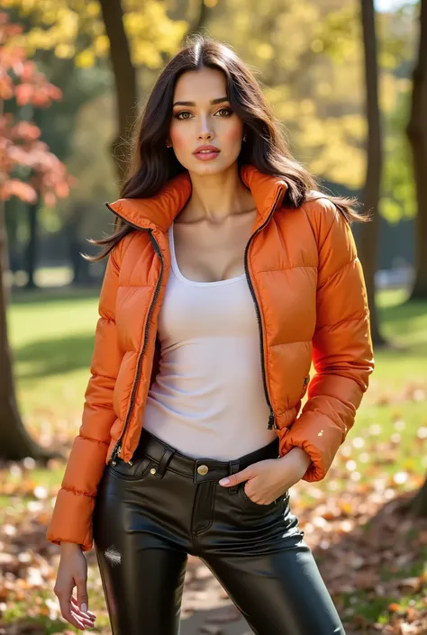 Foto hiperrealista en primer plano de smiling woman, masterpiece, best quality, (photorealistic:1.4), (shiny orange cropped PUFFER JACKET over white tank top:1.1), (leather jeans:1.2) heels, in the New York Central Park, sunny day, cinematic light, beauti...