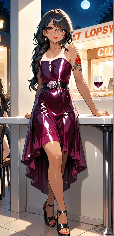 Otoko no ko, femboy, With a party dress micniskirt. Strapless top. Flat chest, Brown_eyes, eye glasses, black eyeliner, red lipstick gloss, showing the whole body, mature features, black hair, long wavy hair, long braided ponytails, hair bangs, brown_skin ...