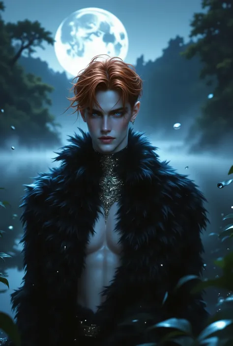The Black Swan Prince, 20 years old, standing gracefully by a moonlit lake, surrounded by soft mist and glowing reflections, noble and elegant, mysterious and innocent, flawless pale skin, deep violet eyes that shimmer in the moonlight, tousled ginger red ...