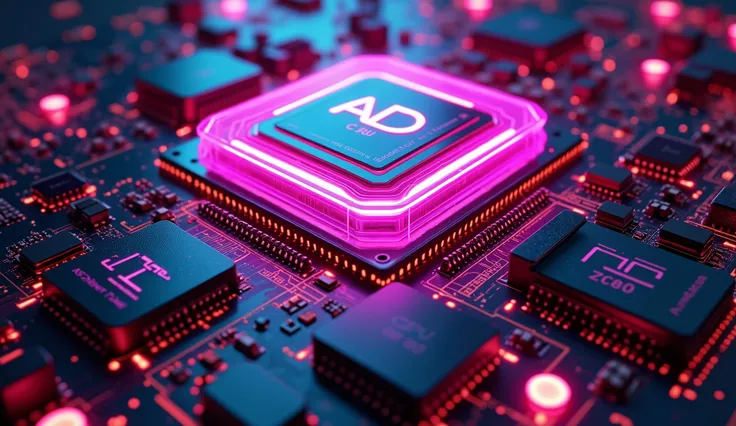 An award-winning image showcasing the full inner workings of a futuristic game developer computer system with emphasis on the CPU in the center of the motherboard in a top-down view. The motherboard has bio-robotic translucent features that enhance its eth...