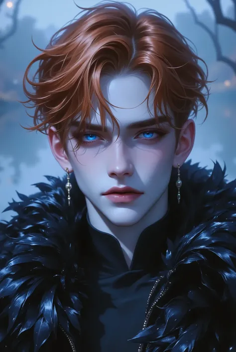 The Black Swan Prince, 20 years old, standing gracefully by a moonlit lake, surrounded by soft mist and glowing reflections, noble and elegant, mysterious and innocent, flawless pale skin, deep violet eyes that shimmer in the moonlight, tousled ginger red ...