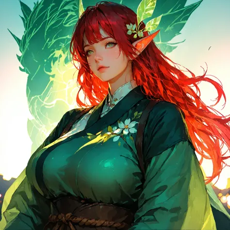 1 girl, solo, score_9, score_8_up, score_7_up, source_anime, TakashiroHiroko ,(!!sharp long elfs ears!!, !! red hair!!, !!long hair!!, separete bang), long elf ears, Extremely detailed, ambient soft lighting, 4k, perfect green eyes, a perfect face, perfec...