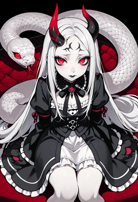 A girl in a gothic dress. White hair. Long hair. One-sided horn on forehead. Worried eyes. Glowing red eyes. Black lips. Black costume. White frills. Big hands. Sharp claws. Sitting. A snake nearby. A big snake.