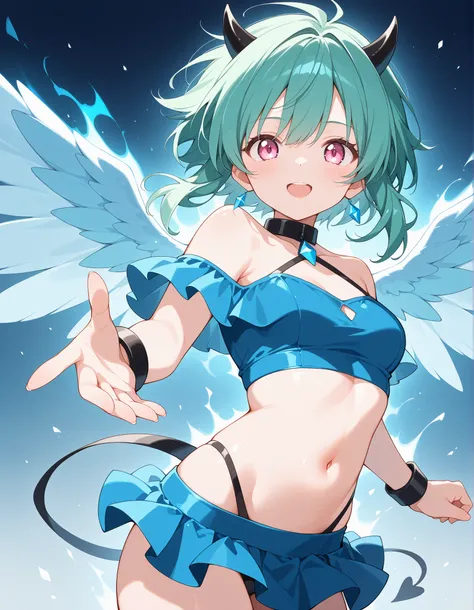 masterpiece, perfect face, perfect hands, high quality, ramiris, wings, glowing aura, bare shoulders, off-shoulder croptop, micro skirt,
